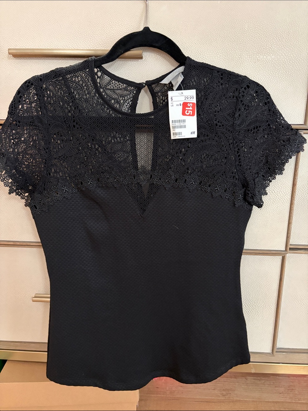 H&M Black Lace Yoke Short Sleeve Top